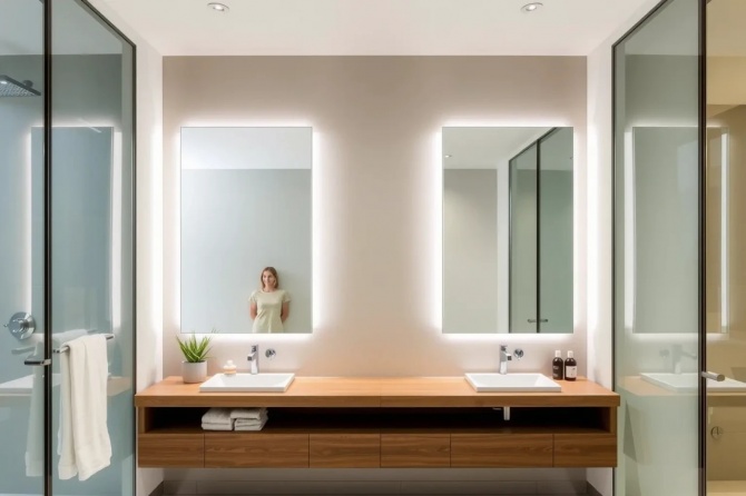 Еще один важный технический показатель — индекс цветопередачи (CRI или Ra). Он показывает, насколько точно источник света передает цвета объектов по сравнению с естественным освещением. Шкала измеряется от 0 до 100. Для ванной комнаты рекомендуется выбирать зеркала с индексом цветопередачи не менее 80 Ra, а лучше 90 Ra. Низкий индекс цветопередачи может привести к тому, что тональность фундамента или помады будет выбрана неверно, что станет заметно только при выходе на улицу. Качественные светодиоды в зеркалах также должны обладать высоким световым потоком, измеряемым в Люменах. Для основного освещения зоны умывания достаточно яркости в 400–500 Люмен, но если зеркало является единственным источником света, значение должно быть выше.